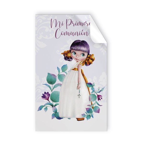 Etiqueta Con Ondas De Primera Comunión Niña Rezando Con Peonias Y M